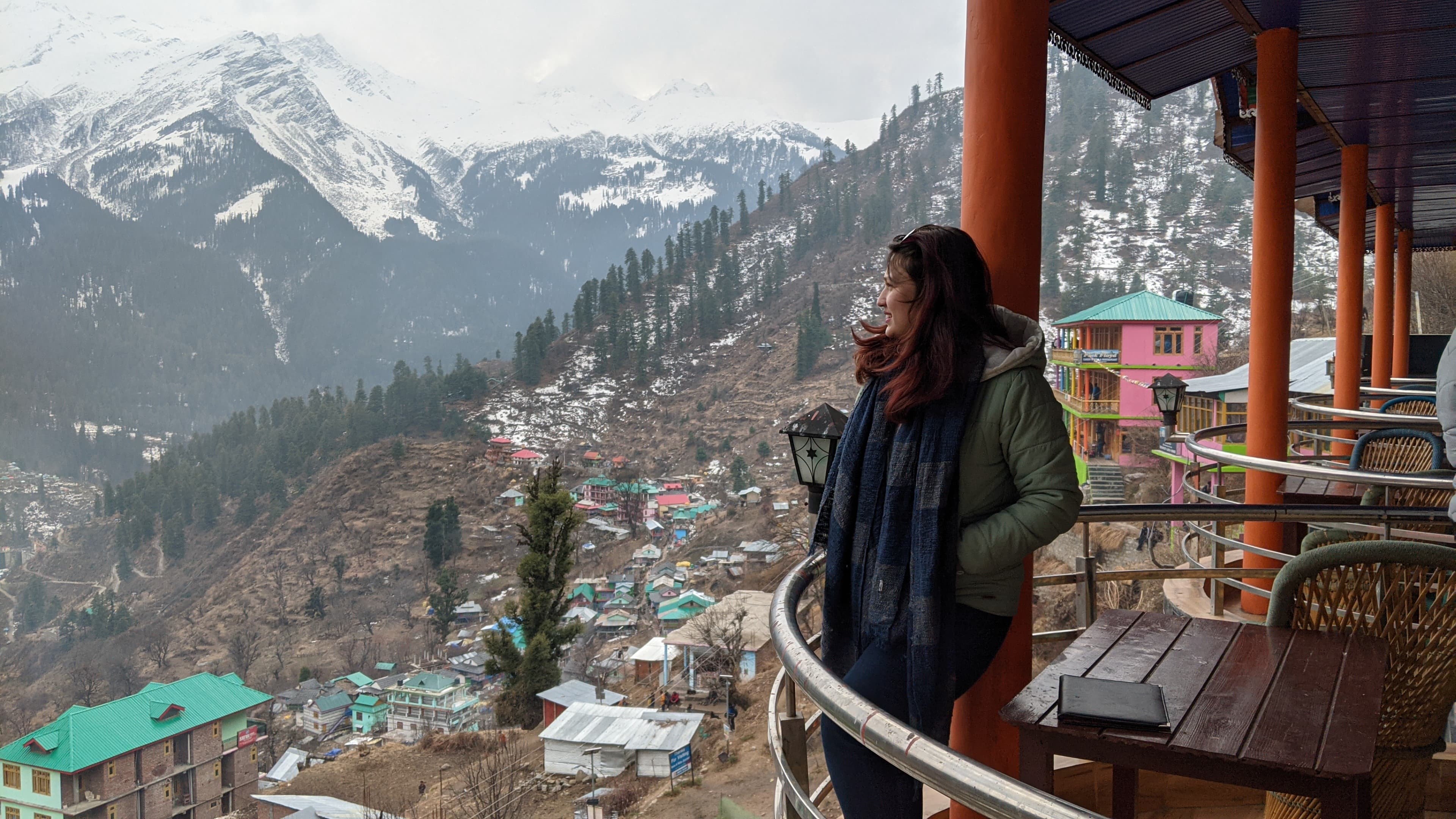 Shikha overlooking a Himalayan village, Manali